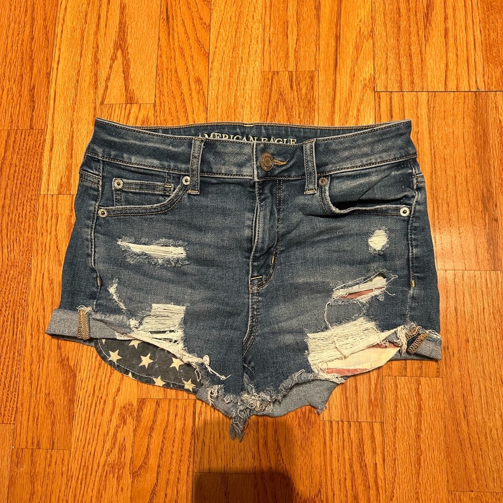 American Eagle Outfitters Women's Ripped Jean Shorts - Dark Blue